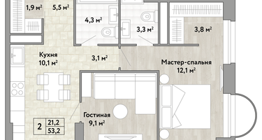 2-к. квартира, 53&nbsp;м²