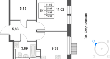 1-комнатная квартира, 35&nbsp;м²