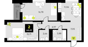 2-к. квартира, 64 м²
