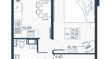 1-к. квартира, 38&nbsp;м²