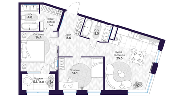 2-к. квартира, 84&nbsp;м²