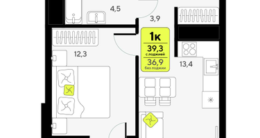 1-к. квартира, 39&nbsp;м²