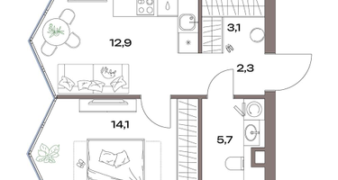 1-к. квартира, 38&nbsp;м²