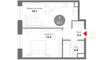 1-к. квартира, 43&nbsp;м²
