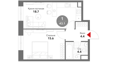 1-к. квартира, 43&nbsp;м²