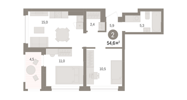 2-к. квартира, 54&nbsp;м²