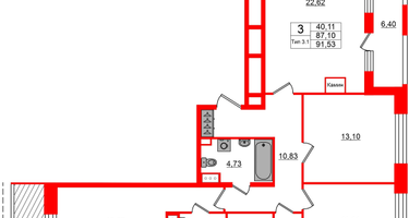 3-к. квартира, 87 м²