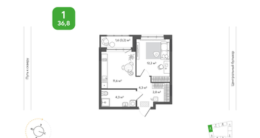 1-к. квартира, 36&nbsp;м²
