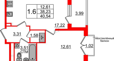 1-к. квартира, 38 м²