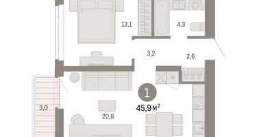 1-к. квартира, 45 м²