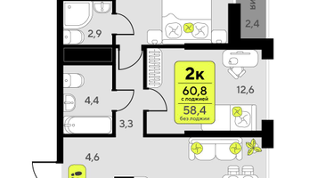 2-к. квартира, 60&nbsp;м²