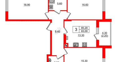 3-к. квартира, 85&nbsp;м²