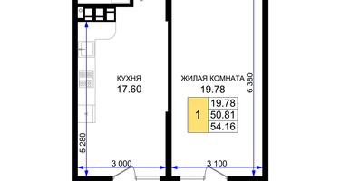 1-к. квартира, 54&nbsp;м²