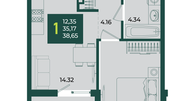 1-к. квартира, 38&nbsp;м²