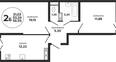 2-к. квартира, 57&nbsp;м²