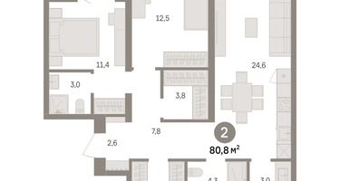 2-к. квартира, 80 м²