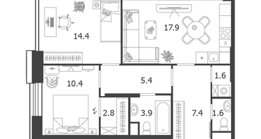 2-к. квартира, 65 м²