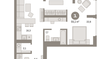 1-к. квартира, 55&nbsp;м²