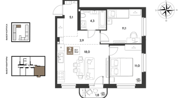 2-к. квартира, 55&nbsp;м²