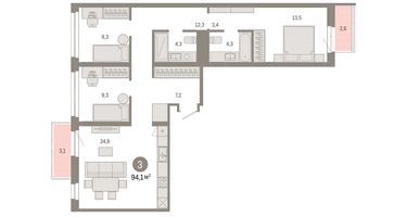 3-к. квартира, 94&nbsp;м²