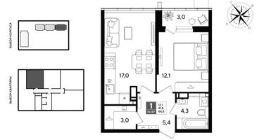 1-к. квартира, 44 м²