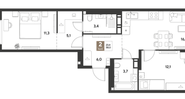 2-к. квартира, 58&nbsp;м²