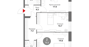 2-к. квартира, 75&nbsp;м²