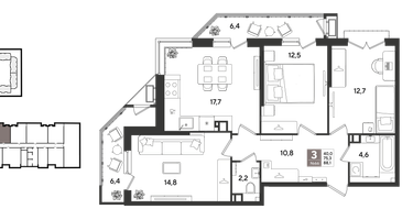 3-к. квартира, 88&nbsp;м²
