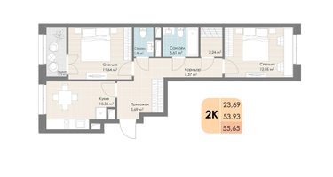 2-к. квартира, 55&nbsp;м²