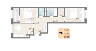 2-к. квартира, 55 м²