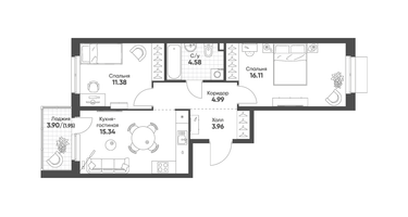 2-к. квартира, 58&nbsp;м²