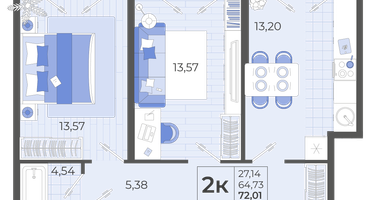 2-к. квартира, 64&nbsp;м²