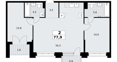 2-к. квартира, 77&nbsp;м²