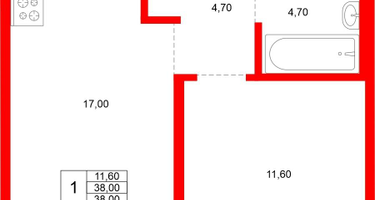 1-к. квартира, 38 м²