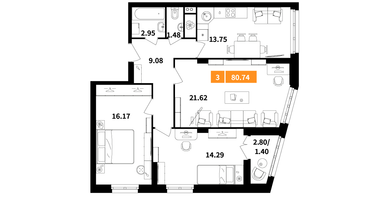 3-к. квартира, 80 м²