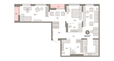 3-к. квартира, 111 м²