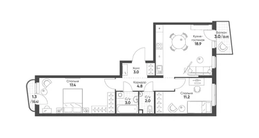 2-к. квартира, 61&nbsp;м²