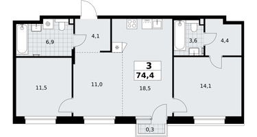 3-к. квартира, 74&nbsp;м²