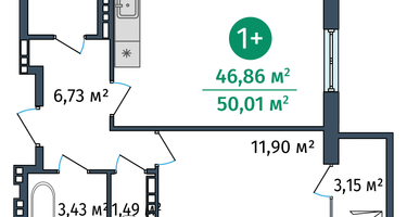 1-к. квартира, 46&nbsp;м²