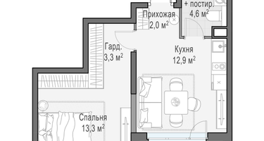 1-к. квартира, 37&nbsp;м²
