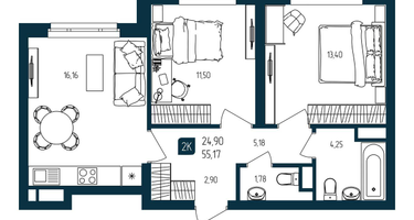 2-к. квартира, 55&nbsp;м²