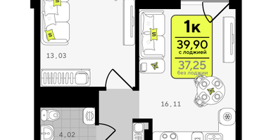 1-к. квартира, 39 м²
