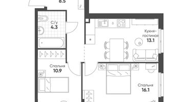 2-к. квартира, 52&nbsp;м²