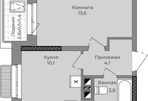 1-к. квартира, 34&nbsp;м²