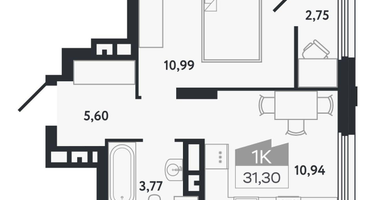 1-к. квартира, 31&nbsp;м²