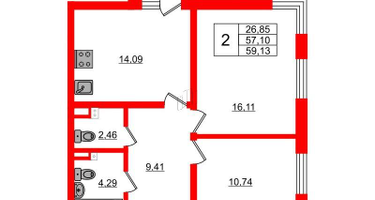 2-к. квартира, 59&nbsp;м²
