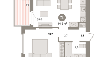 1-к. квартира, 44&nbsp;м²