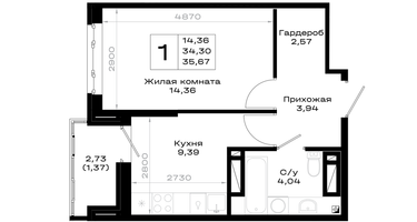 1-к. квартира, 35&nbsp;м²