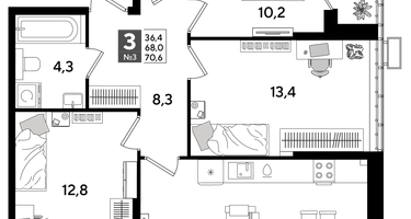 3-к. квартира, 69 м²