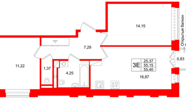 2-к. квартира, 55&nbsp;м²